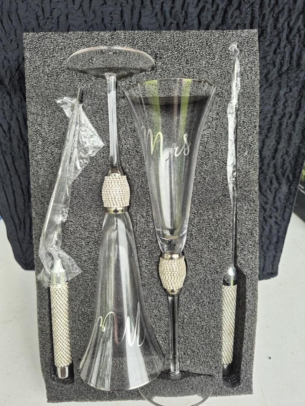 Crystal Champagne Flutes Set with Rhinestone Accents -'Mr.' And 'Mrs'; Knife;